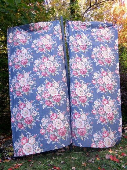Lot of 3 Pair Ralph Lauren Kimberly Drapes Window Curtains, 6 Panels of Vintage Blue Floral Drapery Panels