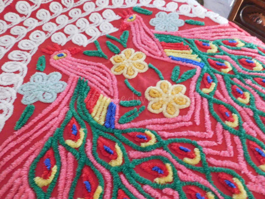 Love is all Around Vintage BOLD PEACOCK Chenille Bedspread, Full Size, Rainbow Red Rapture