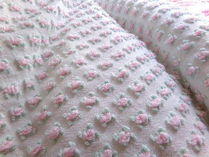 Tiny Tuft Pink Rosebud Vintage Chenille Fabric, 19" x 24" Inch Piece, 100% Lightweight Cotton, Lovely Mini Roses Pattern, Ideal in Quilts