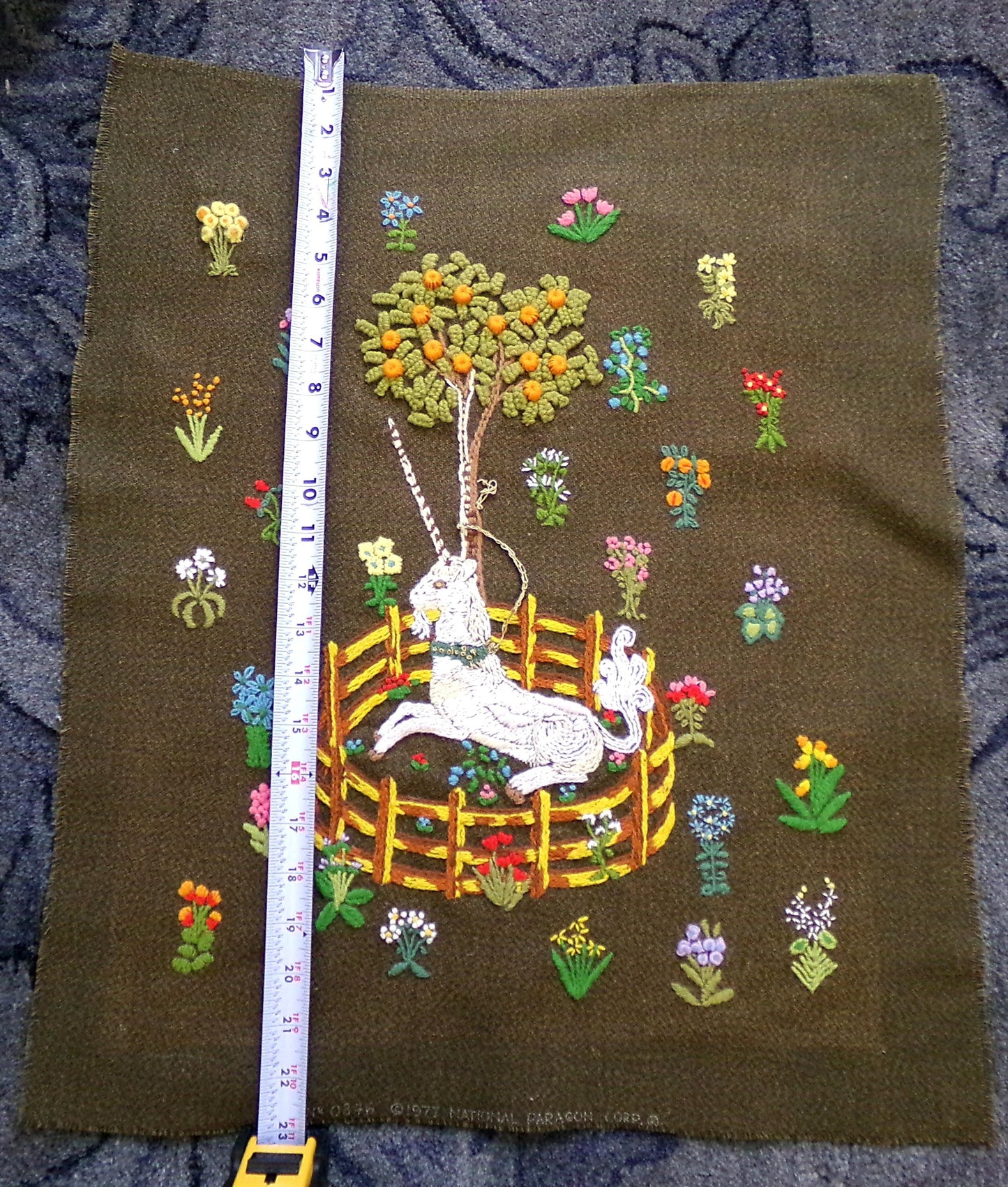 Unicorn in Captivity Completed Crewel Embroidery, Paragon 0846 Stitchery, Medieval Old World Tapestry Style Adaptation