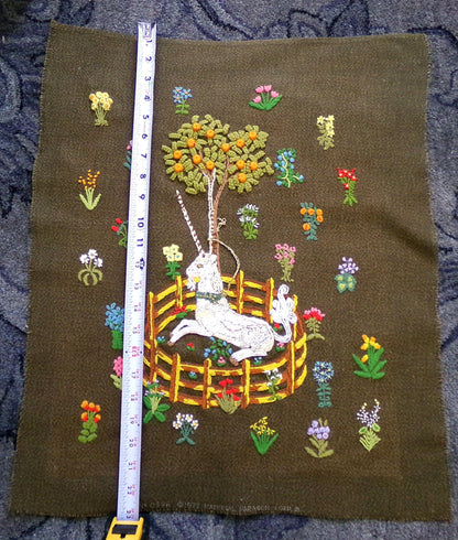 Unicorn in Captivity Completed Crewel Embroidery, Paragon 0846 Stitchery, Medieval Old World Tapestry Style Adaptation