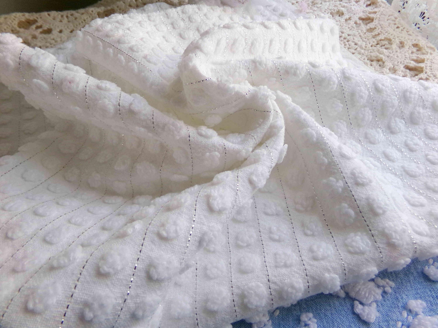 Simple White Pop Chenille Fabric, 20" x 24" inch Vintage Morgan Jones Piece, cotton blend with silver shimmer lurex