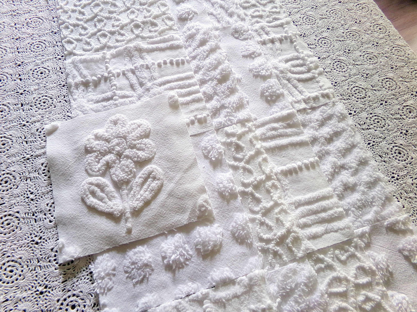 Snowy Whites Chenille Quilt Squares Set from Vintage Bedspread Fabric, 17 Blocks 6" x 6" inch, Pops, Squiggles, Lattice & a Daisy