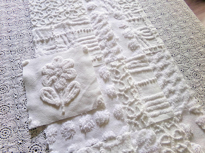 Snowy Whites Chenille Quilt Squares Set from Vintage Bedspread Fabric, 17 Blocks 6" x 6" inch, Pops, Squiggles, Lattice & a Daisy