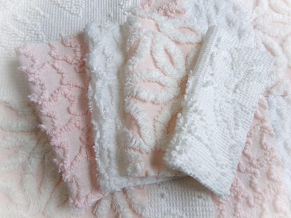 pink & white vintage 6" chenille squares, set of 12 quilt blocks in a lovely selection of popular patterns for sewing, crafts