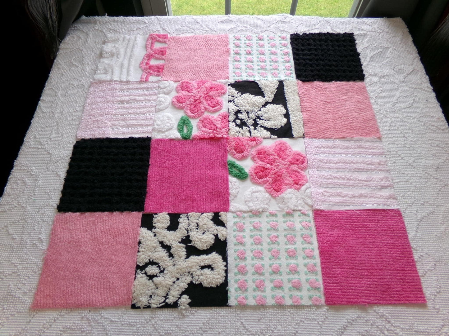 french cafe chenille squares, set of 16 vintage pink & black 6" fabric blocks, chic designs for quilt inlays, pillows, fiber arts