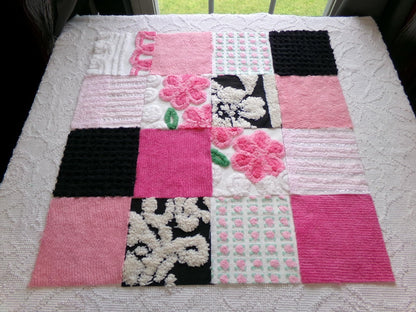 french cafe chenille squares, set of 16 vintage pink & black 6" fabric blocks, chic designs for quilt inlays, pillows, fiber arts