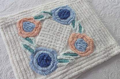 Pretty Vintage Chenille Fabric in Two Tone Blue & Iced Peach Roses on White, 13" x 30" inch Piece, Ideal for DIY Pillow Covers