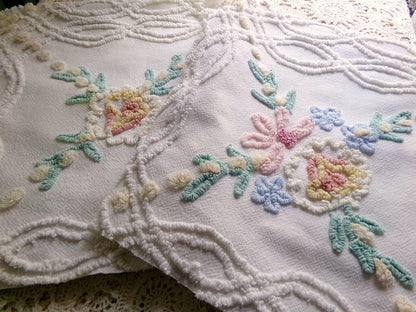 so shabby sweet vintage chenille fabric, needletuft florals with buttercup yellow puffs, 24"x 26" inch piece of quilt & sewing material