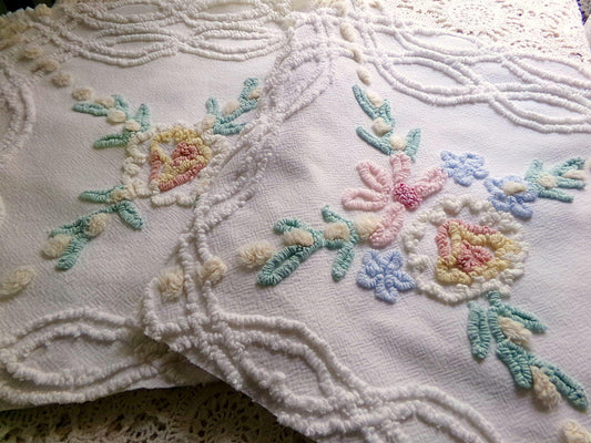 so shabby sweet vintage chenille fabric, needletuft florals with buttercup yellow puffs, 24"x 26" inch piece of quilt & sewing material