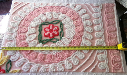beautiful shabby pink vintage chenille fabric, frosted wedding cake design with rose flower, 20" x 31" inch piece of sewing material