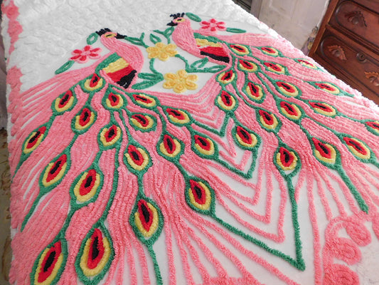 Playful Pink Peacocks Vintage Chenille Bedspread, Colorful Hearts, 100% Plush Cotton, FULL Size, Shabby