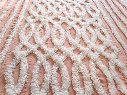 vintage chenille fabric: white geometric on peach cotton seersucker, 20" x 24" cut piece