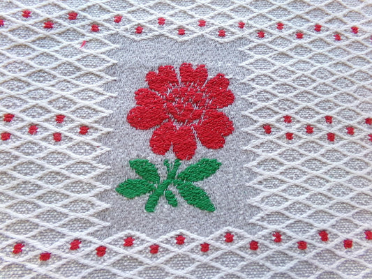 steel grey red floral vintage woven fabric, midcentury MCM reversible white lattice sewing material, 17" x 31" inch cut piece