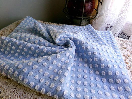 Bubble Dots Vintage Chenille Material, 24" x 18" inch Fabric Piece, Little White Pops on Sky Blue, Beachy Coastal Vibes