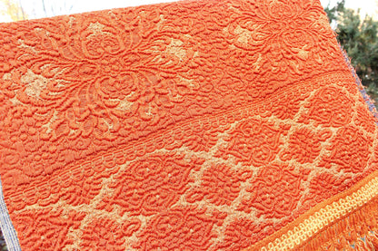 Orange & Gold Vintage Tapestry Fabric, Shimmer Woven Heavyweight Damask Material, 20" x 25" inch piece with Luxurious Fringe