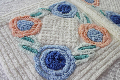 Pretty Vintage Chenille Fabric in Two Tone Blue & Iced Peach Roses on White, 13" x 30" inch Piece, Ideal for DIY Pillow Covers