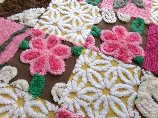 vintage chenille fabric squares, "fairy trail" set of 16 chocolate & pink 6" quilt blocks for quilting, crafts, sewing
