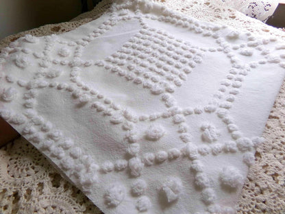 contemporary cosmic white vintage chenille fabric, intricate geometric handtufted sewing material, 22" x 23" piece great for pillows, quilts