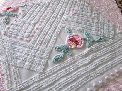 Rose Aqua Mist Vintage Chenille Fabric, 25" x 24" Piece, 100% Lightweight Cotton, Lovely Simple Floral Geometric Design