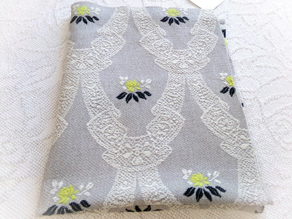 starlight silver swag vintage woven fabric piece, white lace designs, cool grey, chartreuse rose florals, reversible Bates design, 22" x 27"