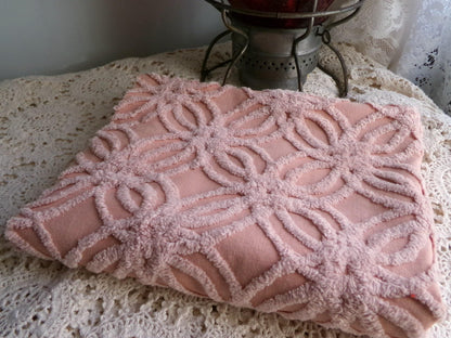 vintage chenille fabric, warm clay mauve geometric wedding ring design, 17" x 28" inch piece for sewing & crafts