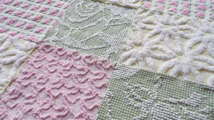 Fresh Flowers Chenille Quilt Squares Set from Vintage Bedspread Fabric, 17 Blocks, 6" x 6" inch