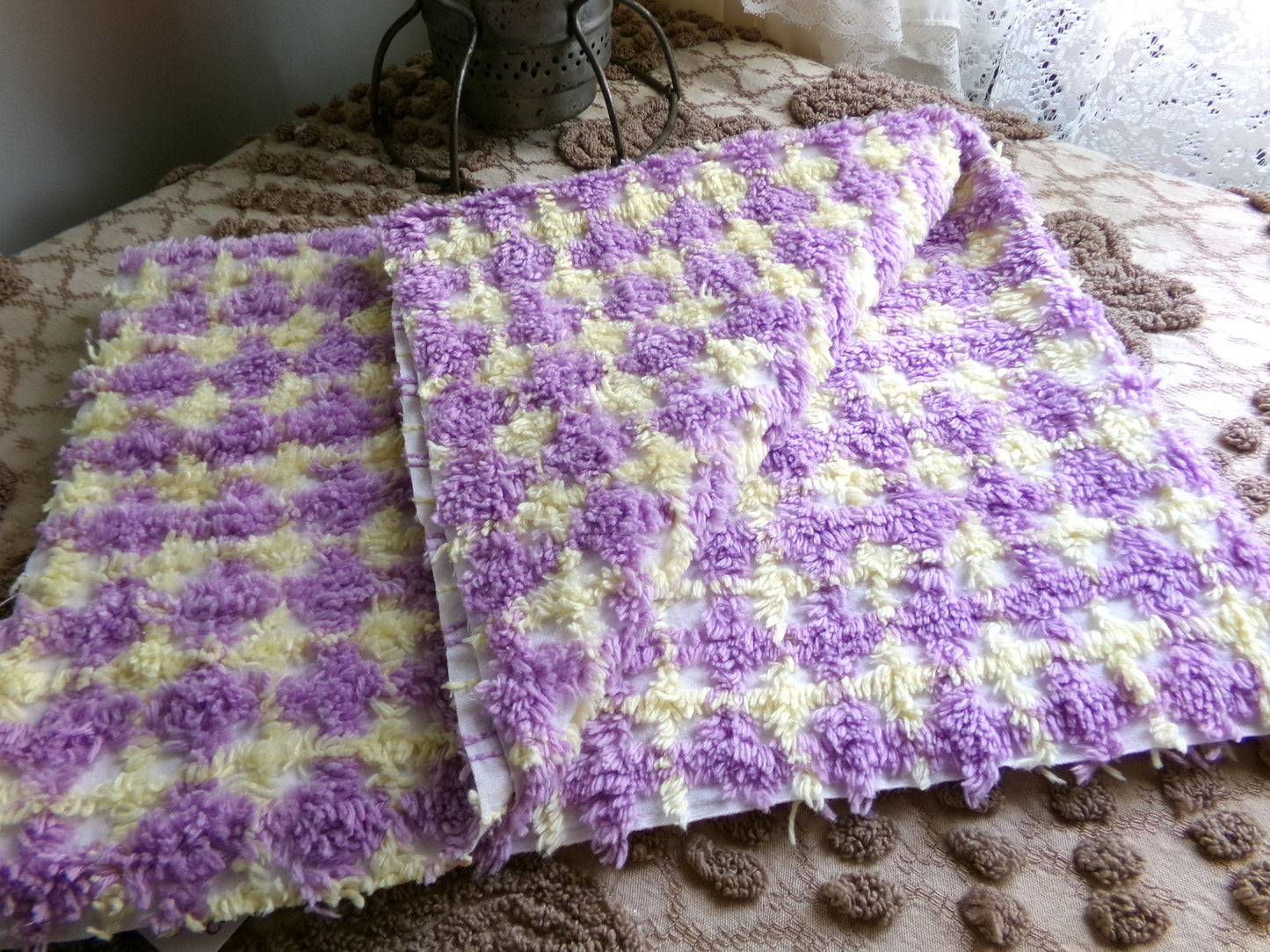 Happy Yellow & Purple Plaid Vintage Chenille Quilt Fabric, 25" x 21" inch Piece, 100% Soft Cotton Blend