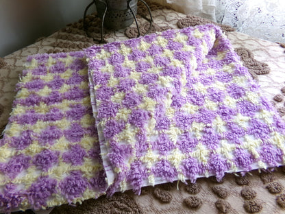 Happy Yellow & Purple Plaid Vintage Chenille Quilt Fabric, 25" x 21" inch Piece, 100% Soft Cotton Blend