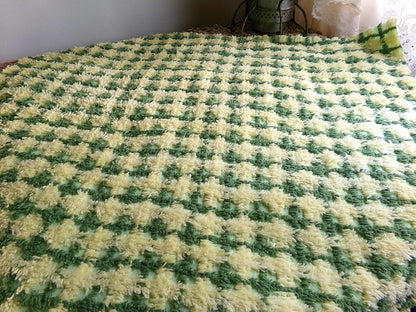 Cheerful Green & Yellow Plaid Vintage Chenille Fabric, 21" x 23" inch Piece, Soft Cotton Blend