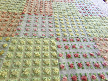 Sunrise Rosebud Chenille Quilt Squares Set, from Vintage Bedspread Fabric, 16 Blocks, 6" inch, in Yellow, Peach, & Ombre Pink Roses