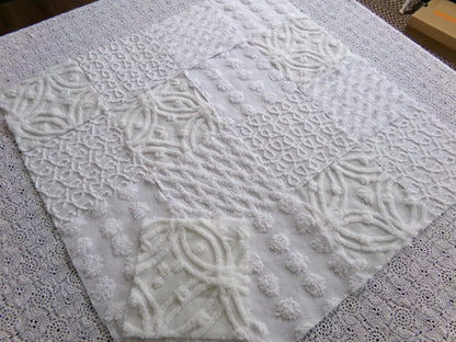Weathered Whites Vintage Chenille Fabric Squares, 17 Blocks, 6" x 6" inch, Neutral Shades of Classic White
