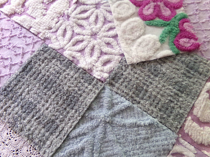 Sweet Dreams Vintage Chenille Fabric Squares, in Grey, Lilac, White & Blue, Set of 17 Blocks, 6" Each for Quilts, Crafts