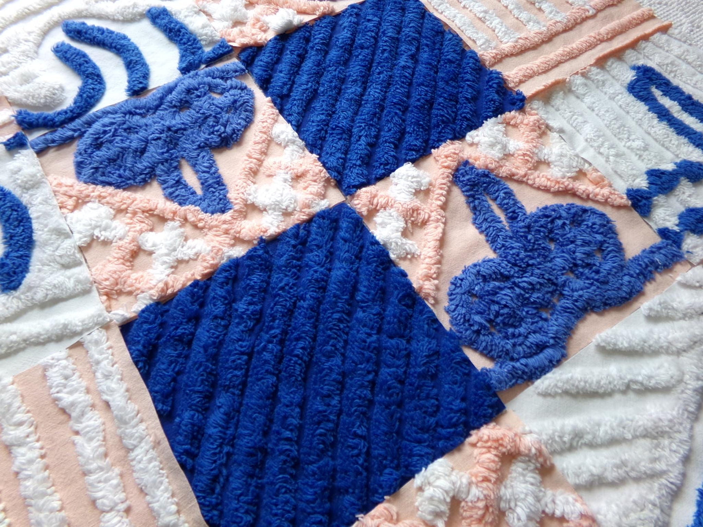 peach frost vintage chenille fabric squares, set of 16 peach & blue quilt blocks 6" ea, for fiber arts, sewing, quilting