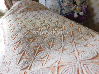 Spectacular Peach Bliss Large Floral Hofmann Vintage Chenille Bedspread, Full