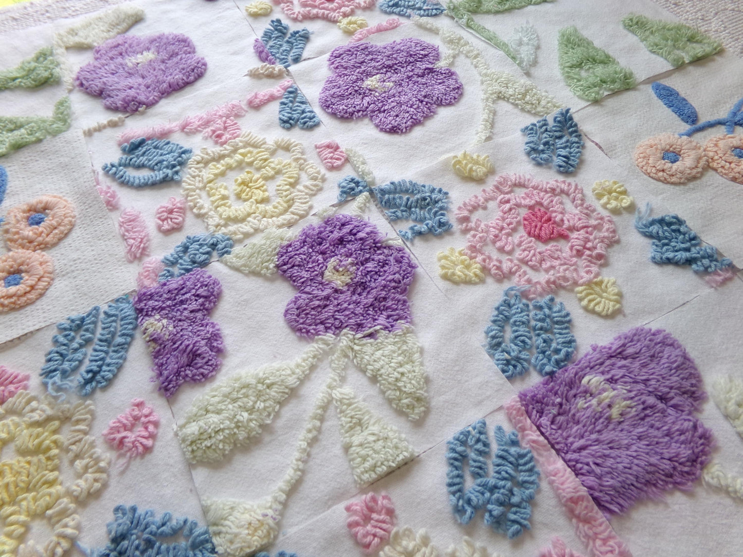 spring blooms vintage chenille fabric squares: pretty flowers set of 16 floral 6" quilt blocks