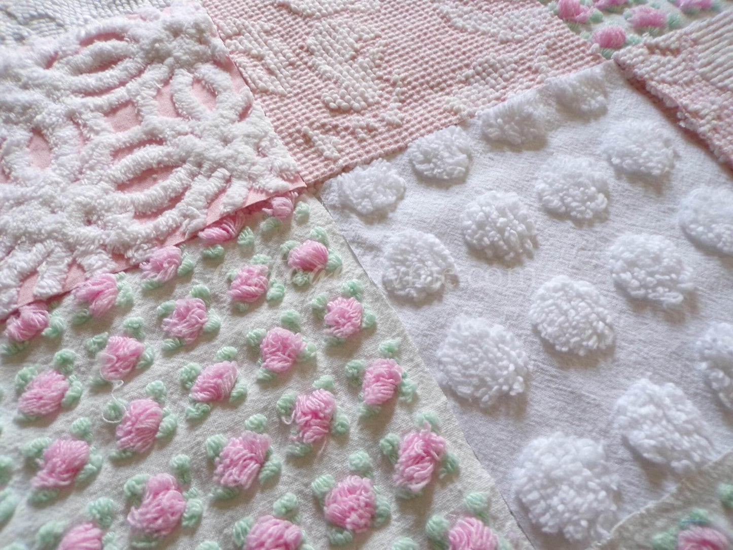 Pink Whispers Chenille Quilt Squares Set from Vintage Bedspread Fabric, 16 Blocks, 6" inch