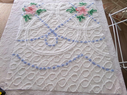 lovely cottage style floral fabric, 25" x 28" inch piece cut from vintage chenille bedspread, pink rose on white geometric loops & blue pops