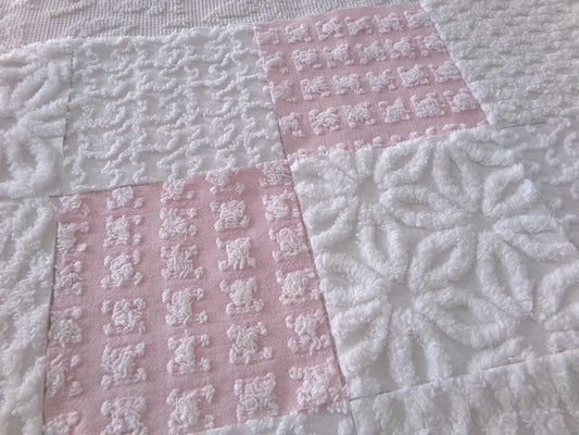 angel wings chenille fabric squares, pink & white rosebud, lattice, dots, squiggles, vintage square set of 16 quilt blocks, 6" x 6" inch