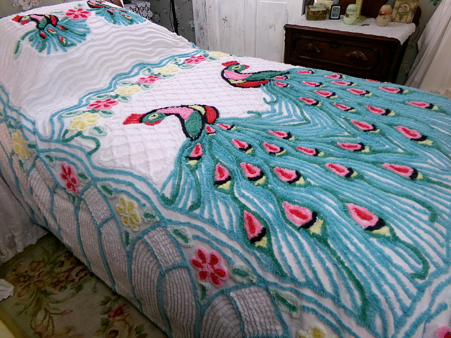 shabby chic peacock vintage chenille bedspread, iconic kitsch lovebird design, white cotton full size bedding