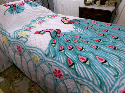shabby chic peacock vintage chenille bedspread, iconic kitsch lovebird design, white cotton full size bedding