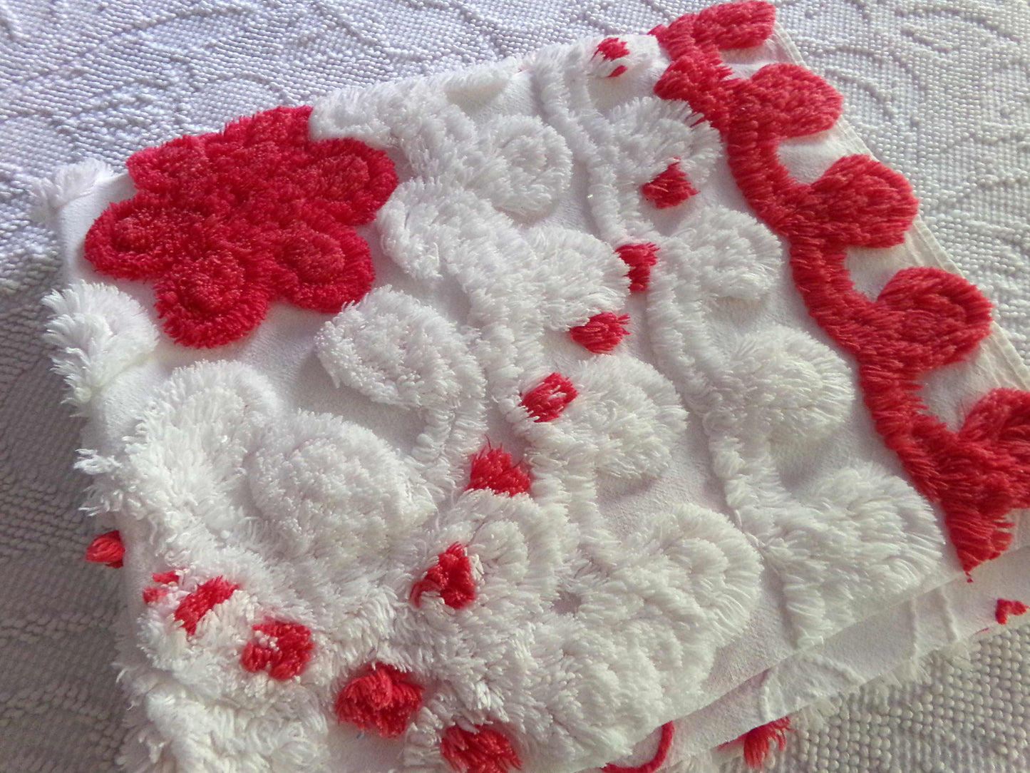 red roses in snow white vintage chenille fabric, 21" x 23" inch piece of shabby style sewing material for quilts & crafts