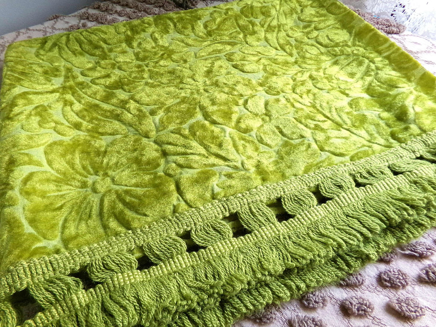 Vintage Cut Velvet Fabric, Bewitching Golden Green Shimmer Sculpted Florals, 24" x 18" inch Piece