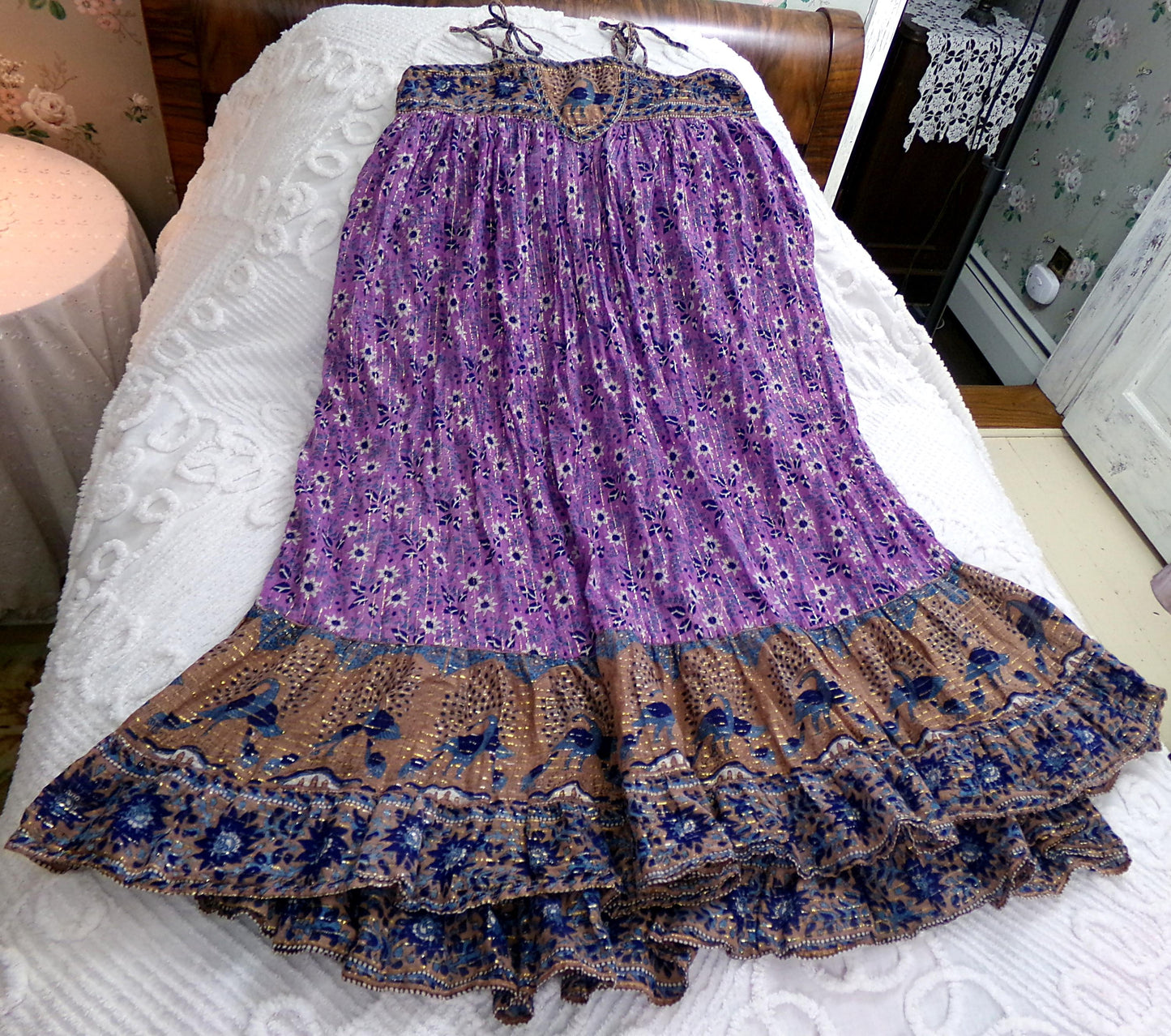 vintage Starina Creation Paris dress, rare 1970s boho peacock print, gold thread floral pattern, midi length gauze cotton India sundress, S