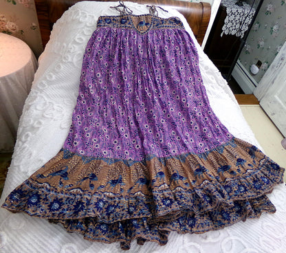 vintage Starina Creation Paris dress, rare 1970s boho peacock print, gold thread floral pattern, midi length gauze cotton India sundress, S