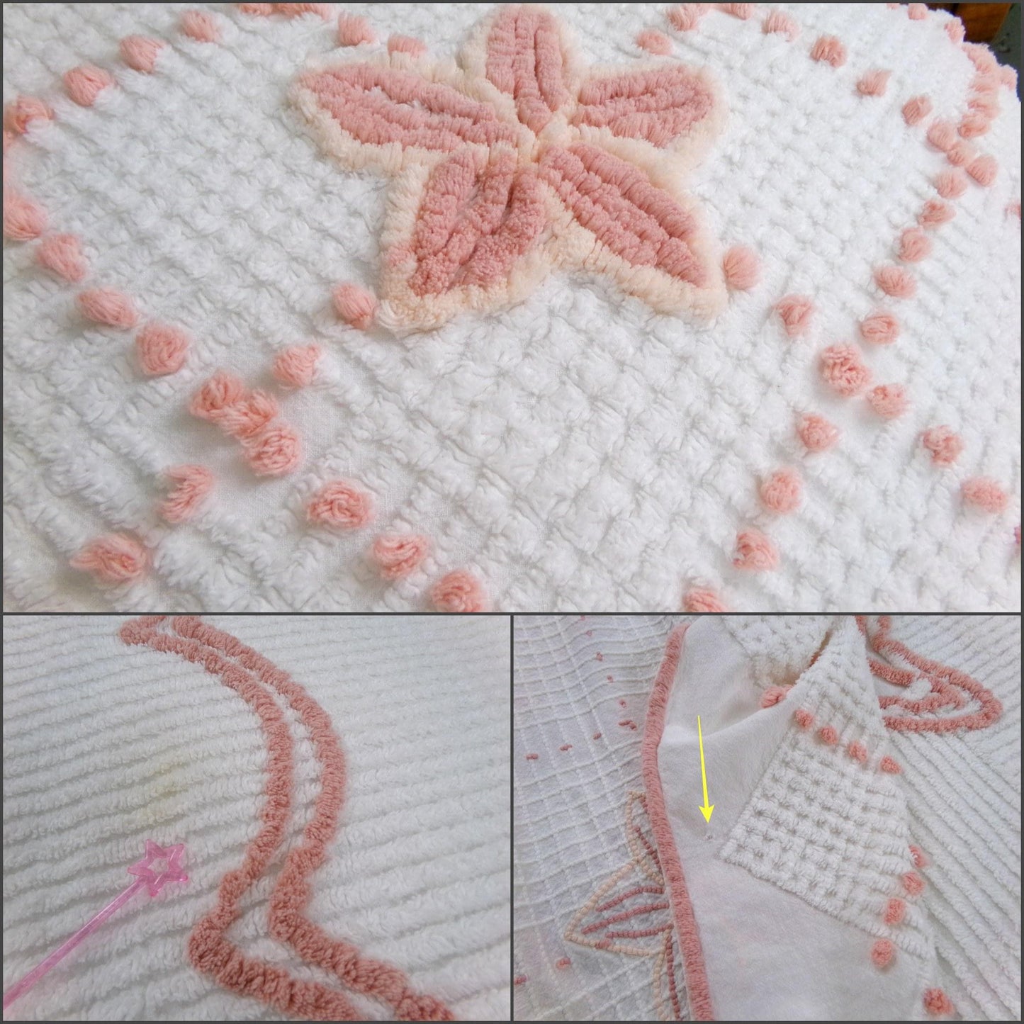 vintage full size chenille bedspread, simple star flowers on white cotton, shabby cottage style bedding
