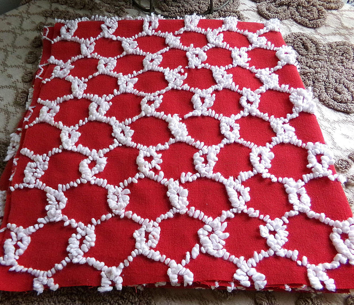 Fabulous Vintage Chenille Bedspread Fabric, Red & White Chain Link Design, 19" x 20" inch Piece, Ultra Lightweight Cotton