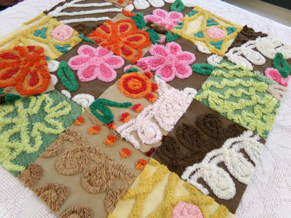 flower power vintage chenille fabric squares, set of 16 boho 70s style 6" blocks for arts & crafts, sewing