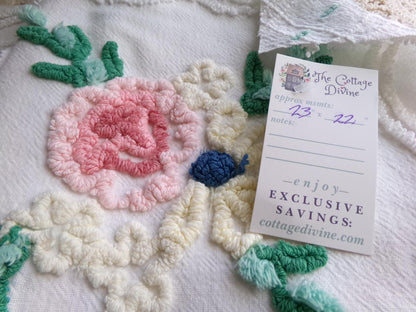 cottage style wildflower vintage chenille fabric, jadeite pops on white cotton, 22" x 23" inch piece of sewing material for quilting, crafts