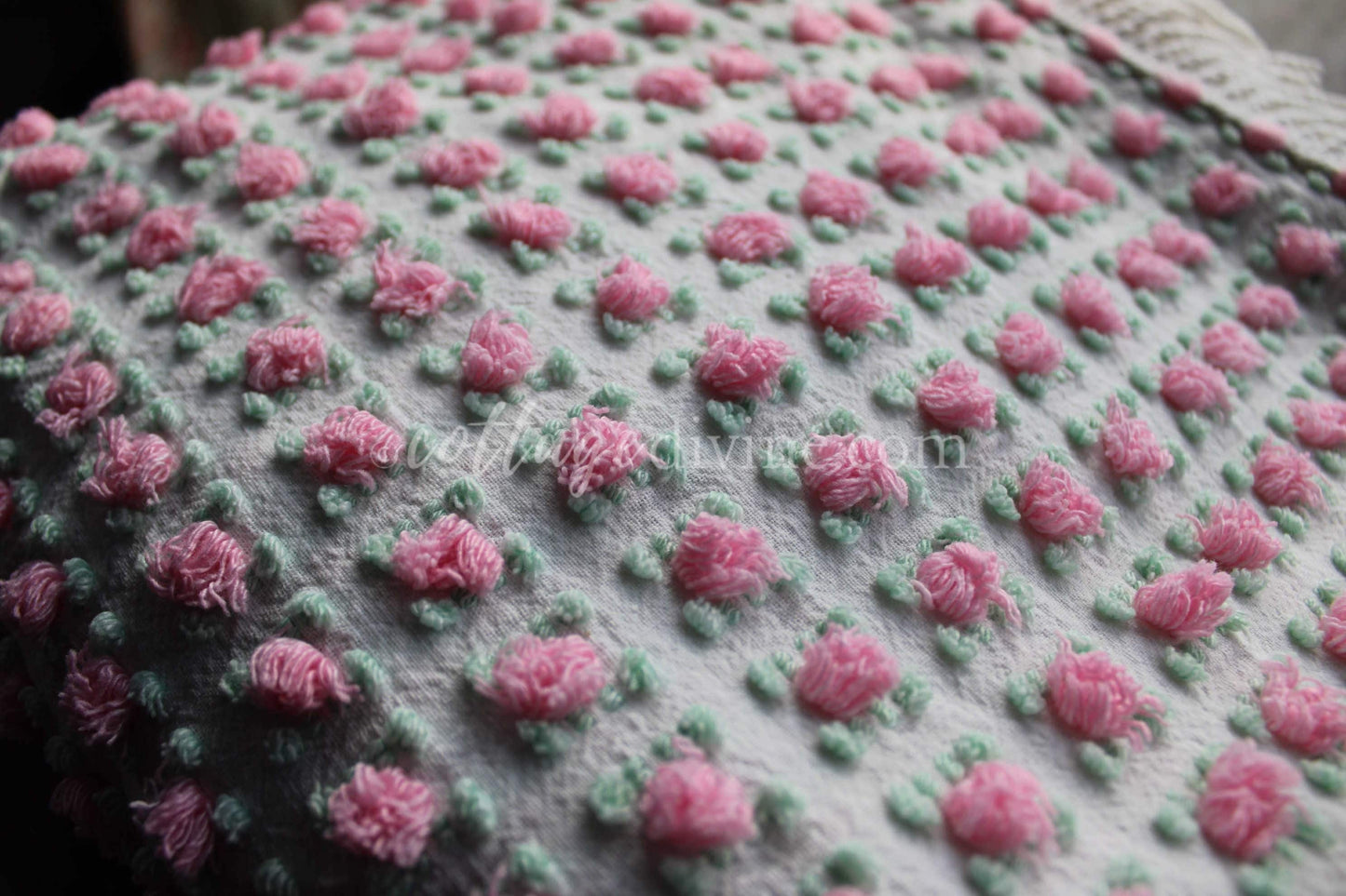 Popular Pink Rosebud Vintage Chenille Fabric, 20" x 24" inch piece, Morgan Jones Roses, a quilter's favorite